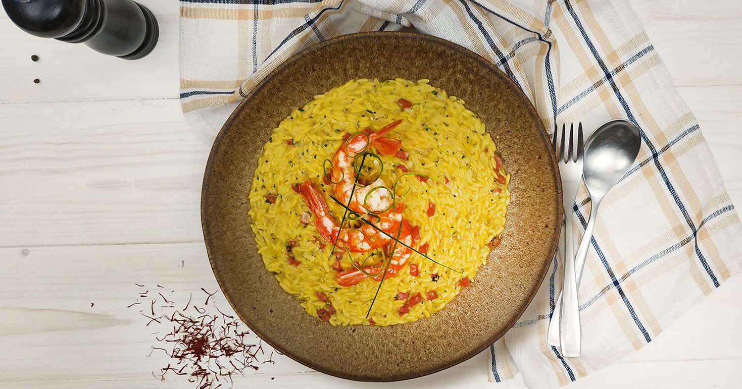 Orzo Pasta With Argentine Shrimp, Dry Salami And Saffron