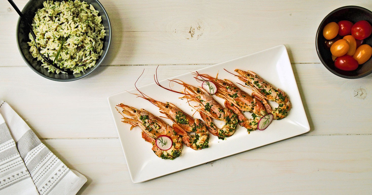 Grilled Argentine Shrimps With Herb Gremolata And Wild Rice