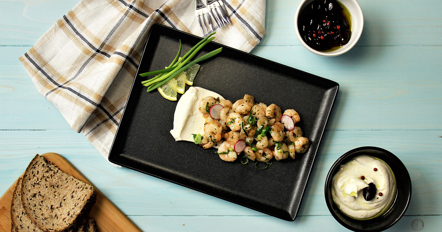 Small Shrimps With Lime On White Taramosalata