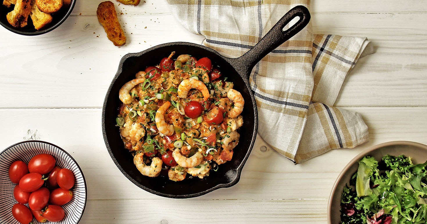 Shrimp Saganaki With Ouzo, Green Pepper, Cherry Tomatoes, Basil And Feta