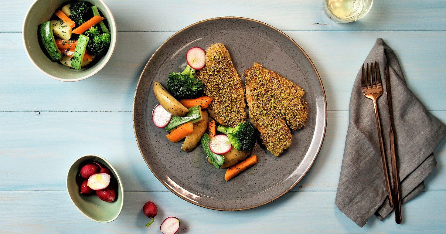 Sole In Aegina Pistachio Crust And Steamed Vegetables