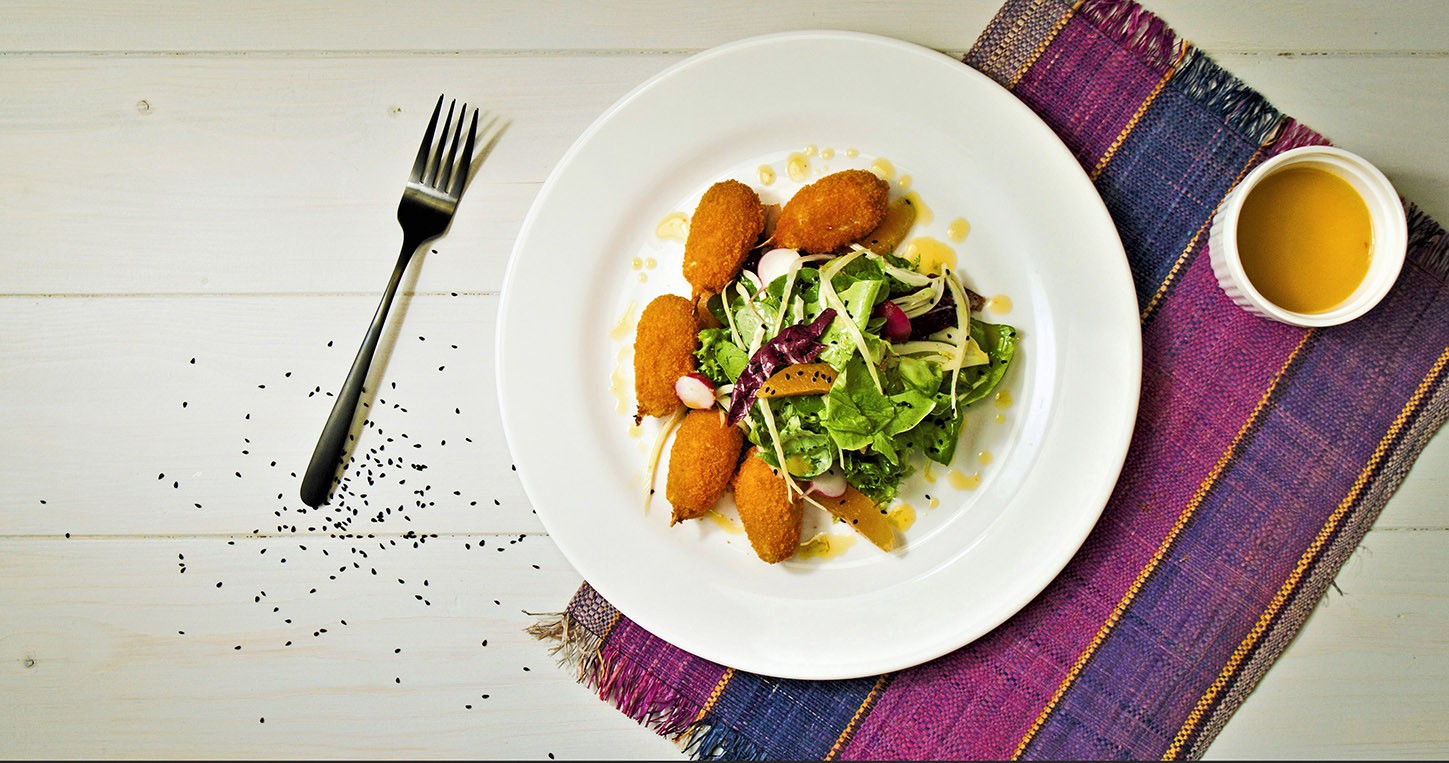 Oven-Baked Crab Claws With Fresh Green Salad In Orange, Sweet Chili, Black Sesame Vinaigrette