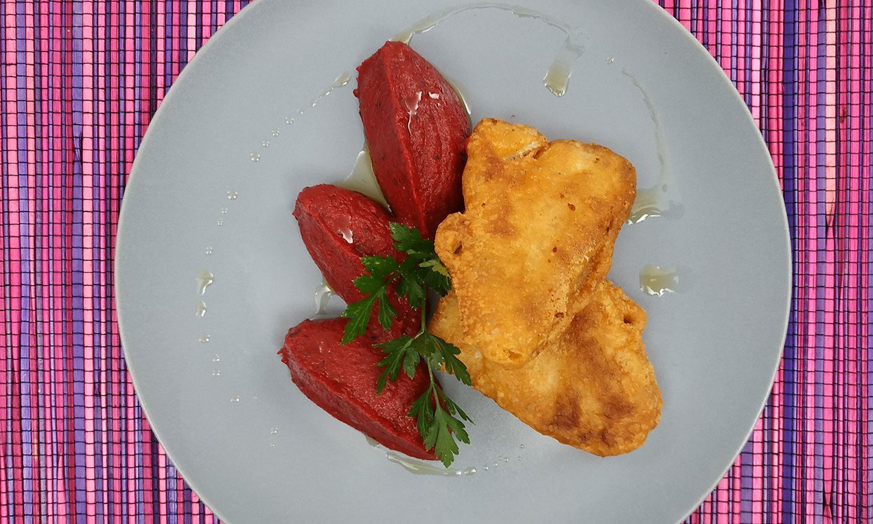 Fried Hake In Beer Batter And Beetroot Skordalia