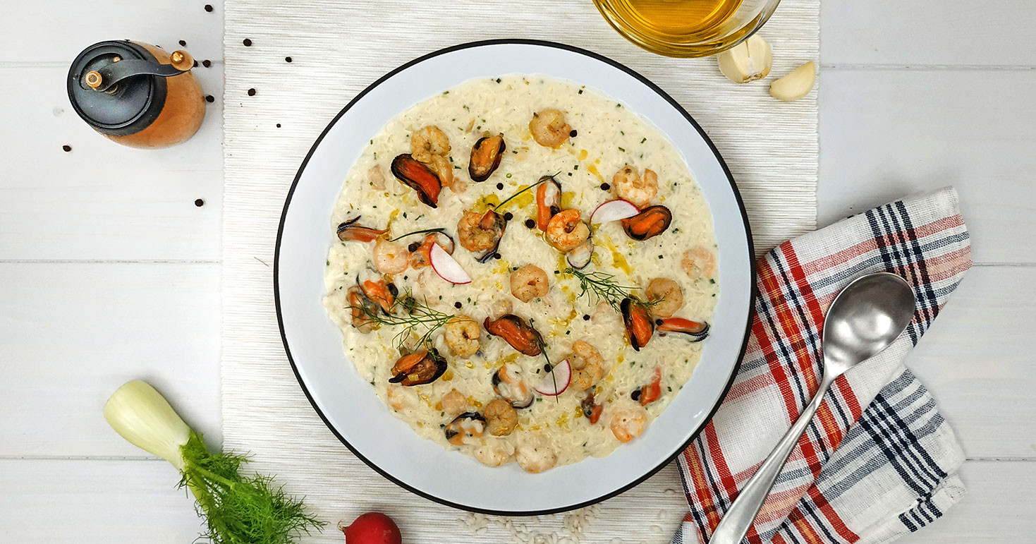 Risotto With Small Shrimps, Mussels, Mascarpone, Lime And Chive