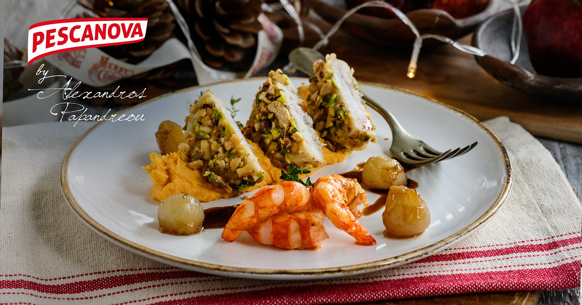 Breaded cod with nuts, and prawns, mash sweet potatoes and caramelized onions