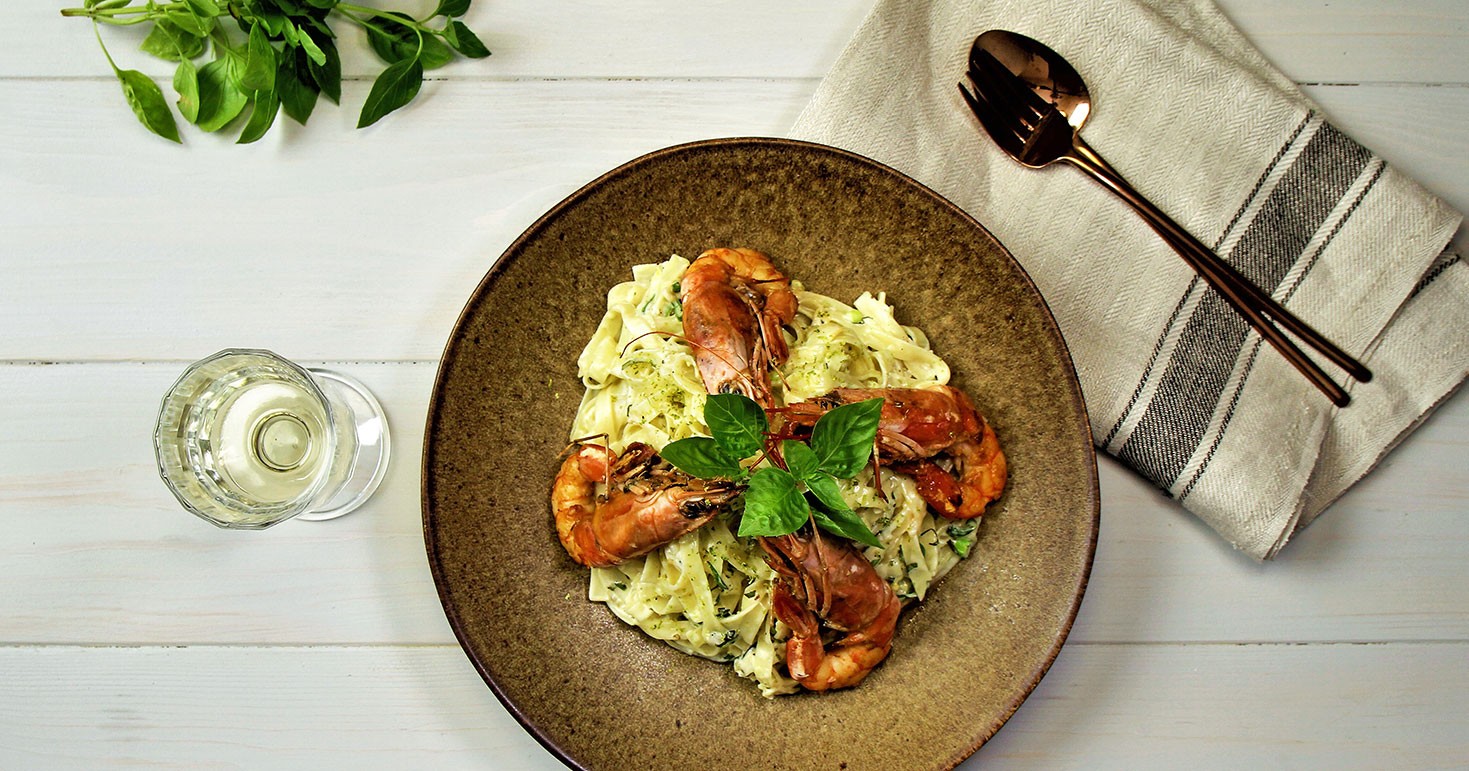 Tagliatelle With Argentine Shrimp, Cream Cheese, Basil And Garlic