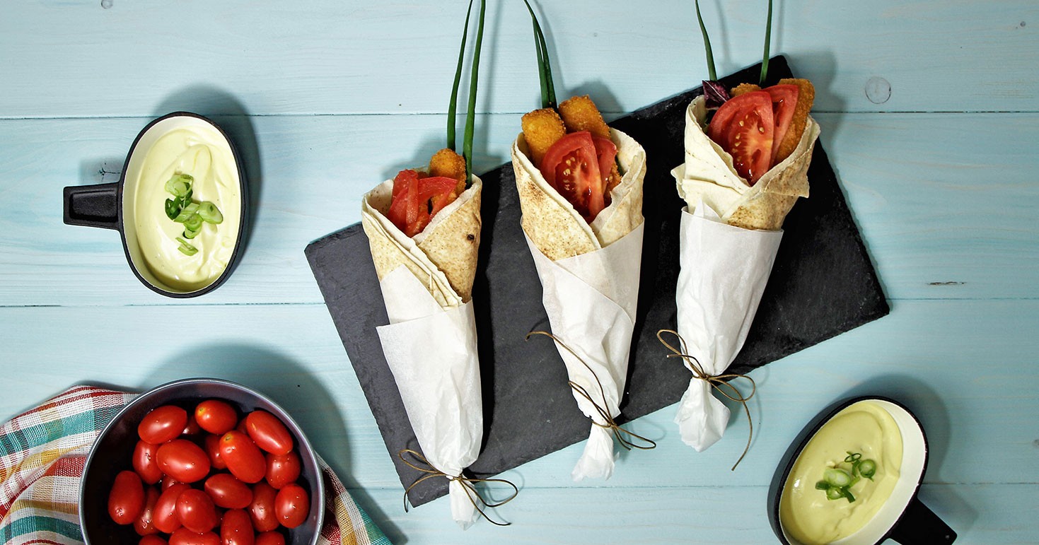 Wraps For Kids With Fish Sticks And Veggies In Pitta With Mustard And Mayonnaise