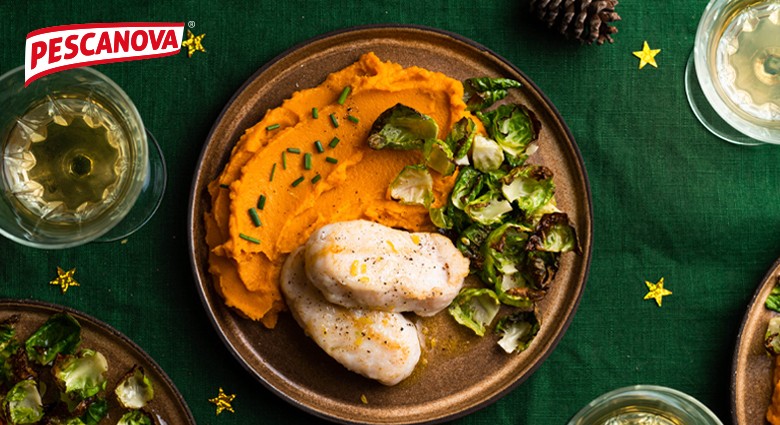 Hake fillets core with sweet potatoes mash and roasted Brussel sprouts