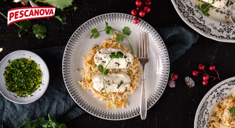 Roasted cod with coriander and basmati rice