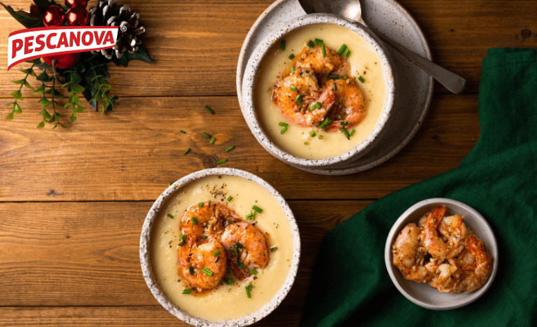 Velouté soup with shrimps, potatoes, and celeriac