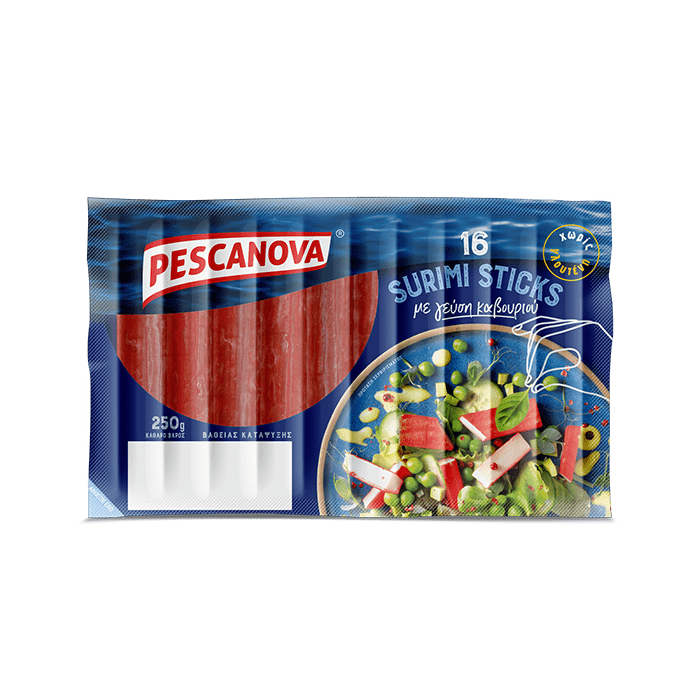 Surimi sticks with crab flavor. Gluten Free.